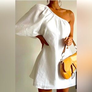 New with Tag Cotton Linen  White One-Shoulder Dress